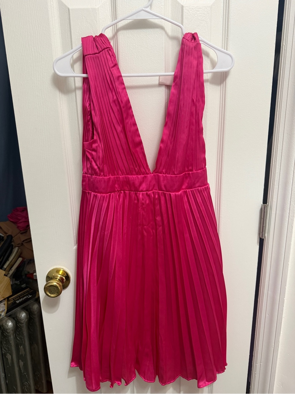 Fuchsia Pleated V-Neck Mini Dress